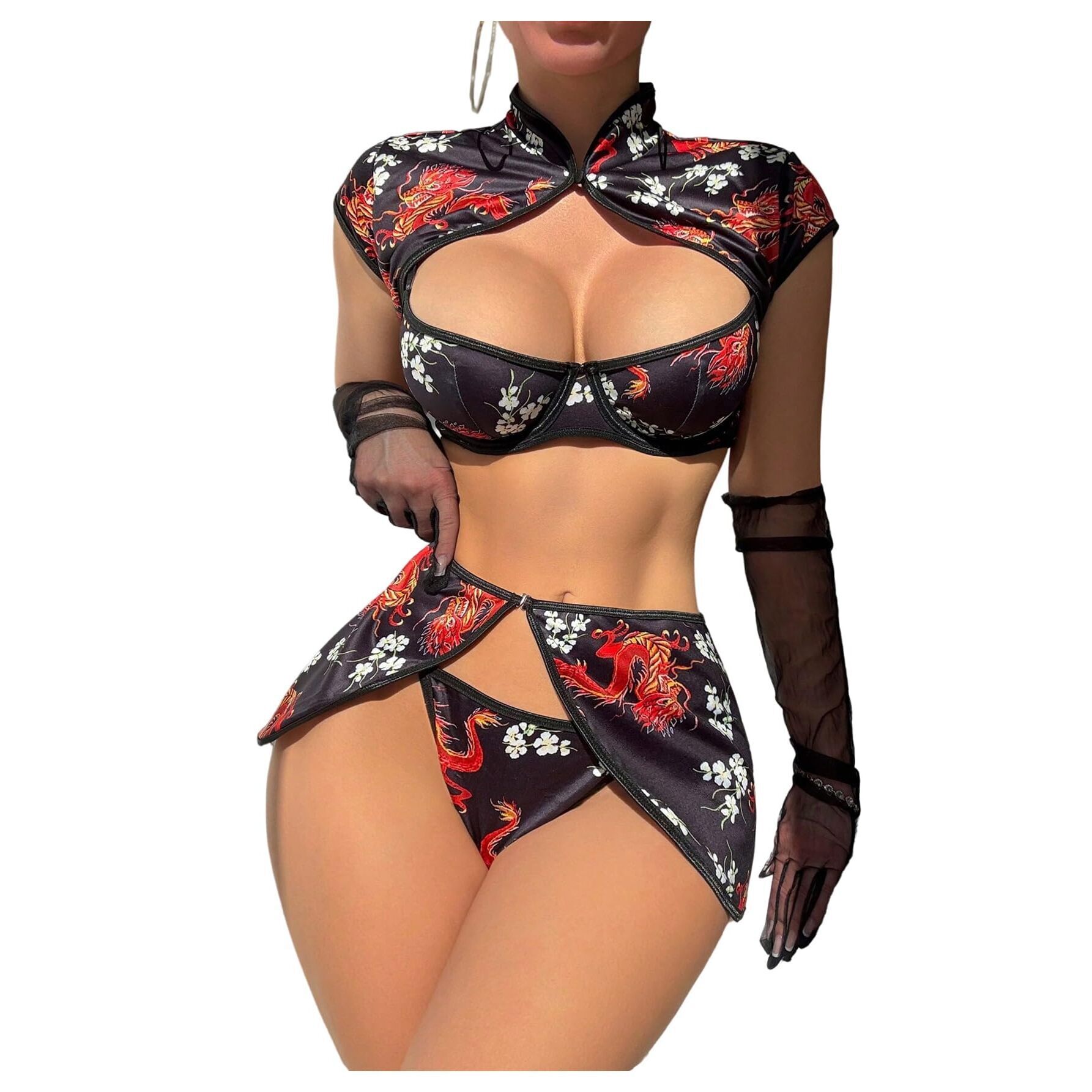 3044 4 Piece Lingerie Sets Dragon Graphic Mandarin Collar Underwire Bra